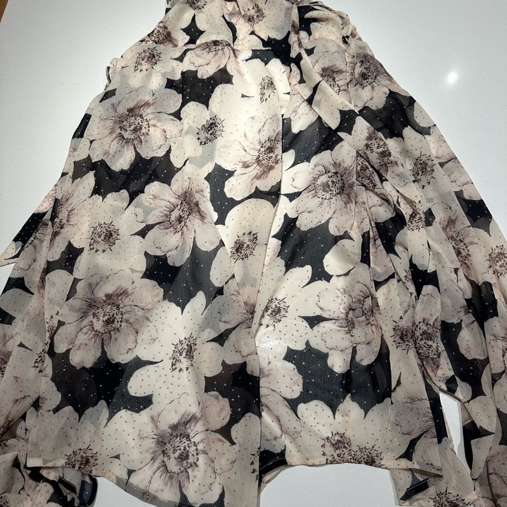 Paige Floral Sheer Tie-Neck Blouse - Black & Cream - Picture 5 of 7